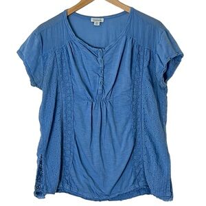 Sundance | Blue boho short sleeve button front placket cotton blouse size small